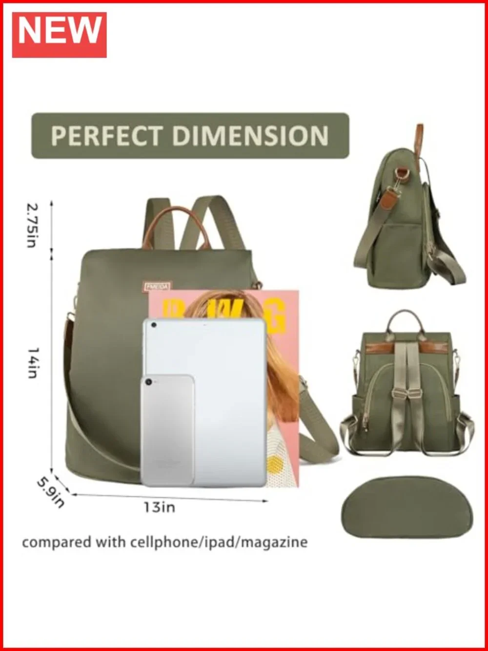 Women's Anti-Theft Convertible Backpack Purse Waterproof Nylon Daypack 13 inch